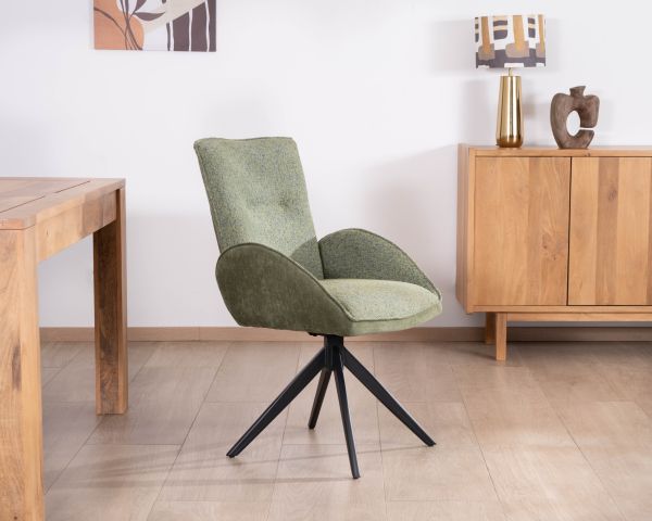 Lote de 2 sillas «Eddy» de tela verde suave, con reposabrazos y base giratoria de metal