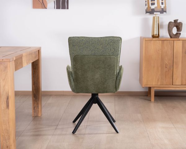 Lote de 2 sillas «Eddy» de tela verde suave, con reposabrazos y base giratoria de metal