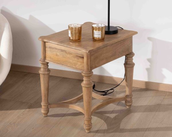 Mesita de noche de madera maciza de mango natural, estilo clásico «Legacy» 