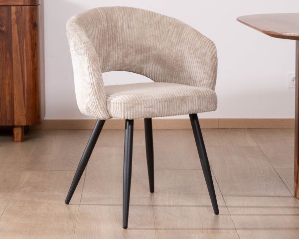 Lote de 2 sillas vintage de terciopelo acanalado en color blanco roto y patas de metal negro «Sonate»