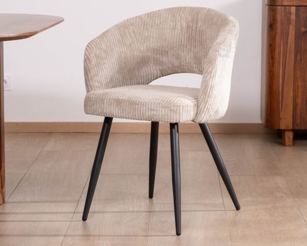 Lote de 2 sillas vintage de terciopelo acanalado en color blanco roto y patas de metal negro «Sonate»
