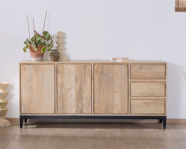 Aparador de líneas sencillas en madera maciza de mango, 180 cm, con 3 puertas y cajones «Gola»