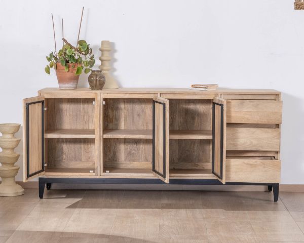 Aparador de líneas sencillas en madera maciza de mango, 180 cm, con 3 puertas y cajones «Gola»