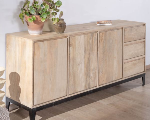 Aparador de líneas sencillas en madera maciza de mango, 180 cm, con 3 puertas y cajones «Gola»