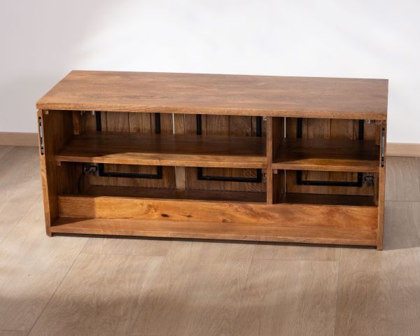 Mueble bajo lavabo suspendido de 140 cm en madera de mango oscuro «Nani» con frentes de doble textura