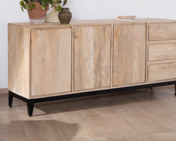Aparador de líneas sencillas en madera maciza de mango, 180 cm, con 3 puertas y cajones «Gola»