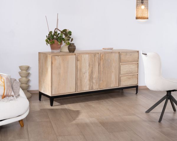 Aparador de líneas sencillas en madera maciza de mango, 180 cm, con 3 puertas y cajones «Gola»