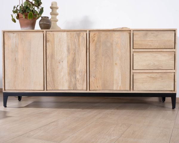 Aparador de líneas sencillas en madera maciza de mango, 180 cm, con 3 puertas y cajones «Gola»