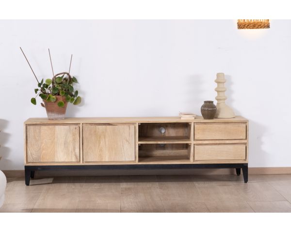 Mueble de televisión grande de 180 cm de madera maciza de mango con puertas, compartimentos y cajones «Gola»