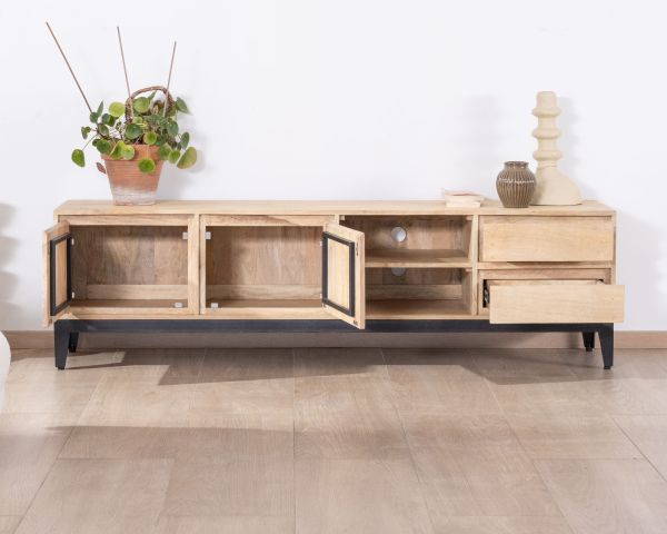 Mueble de televisión grande de 180 cm de madera maciza de mango con puertas, compartimentos y cajones «Gola»