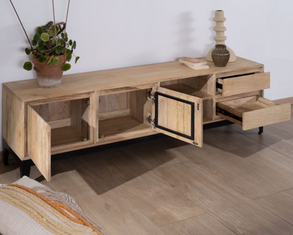 Mueble de televisión grande de 180 cm de madera maciza de mango con puertas, compartimentos y cajones «Gola»