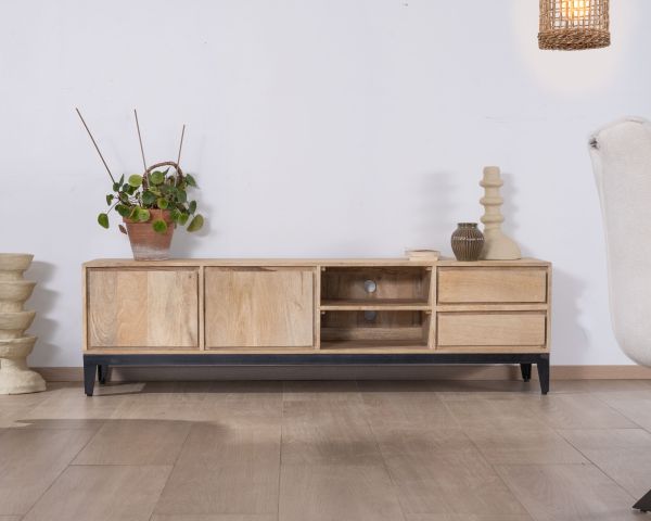 Mueble de televisión grande de 180 cm de madera maciza de mango con puertas, compartimentos y cajones «Gola»