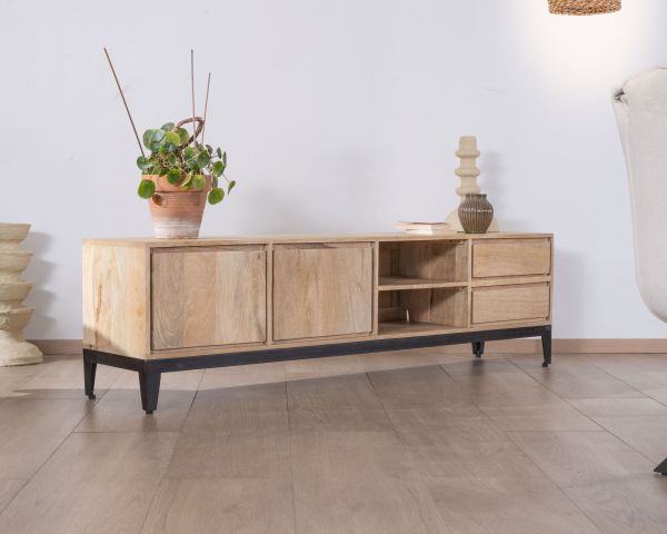 Mueble de televisión grande de 180 cm de madera maciza de mango con puertas, compartimentos y cajones «Gola»