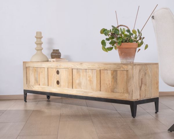 Mueble de televisión grande de 180 cm de madera maciza de mango con puertas, compartimentos y cajones «Gola»