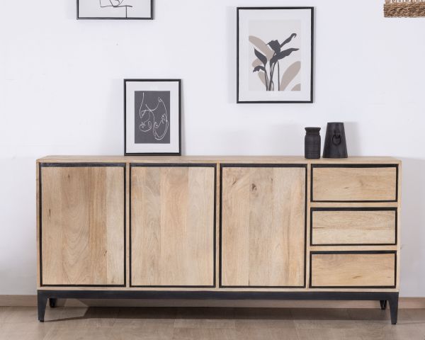 Aparador de líneas sencillas en dos tonos, de madera de mango natural y negro, de 180 cm, modelo «Bocca», con 3 puertas y cajones