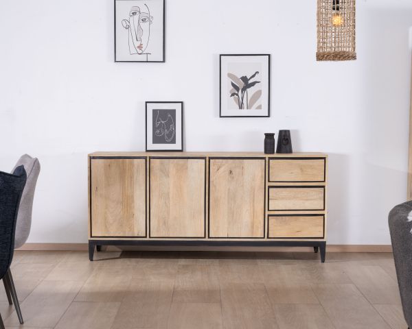 Aparador de líneas sencillas en dos tonos, de madera de mango natural y negro, de 180 cm, modelo «Bocca», con 3 puertas y cajones