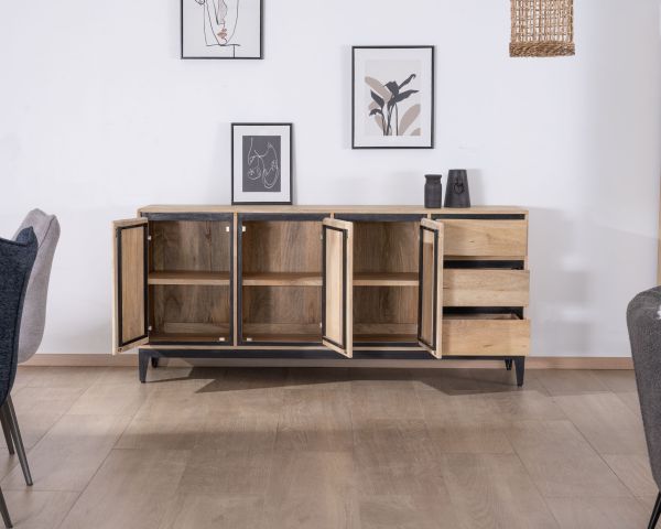 Aparador de líneas sencillas en dos tonos, de madera de mango natural y negro, de 180 cm, modelo «Bocca», con 3 puertas y cajones