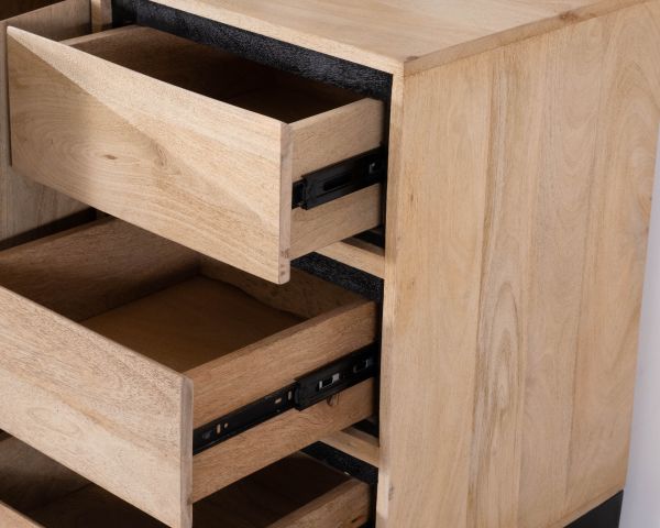 Aparador de líneas sencillas en dos tonos, de madera de mango natural y negro, de 180 cm, modelo «Bocca», con 3 puertas y cajones