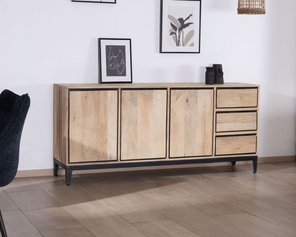 Aparador de líneas sencillas en dos tonos, de madera de mango natural y negro, de 180 cm, modelo «Bocca», con 3 puertas y cajones