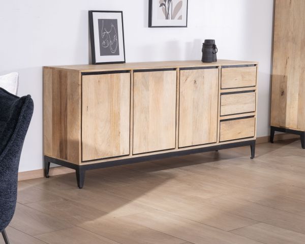 Aparador de líneas sencillas en dos tonos, de madera de mango natural y negro, de 180 cm, modelo «Bocca», con 3 puertas y cajones