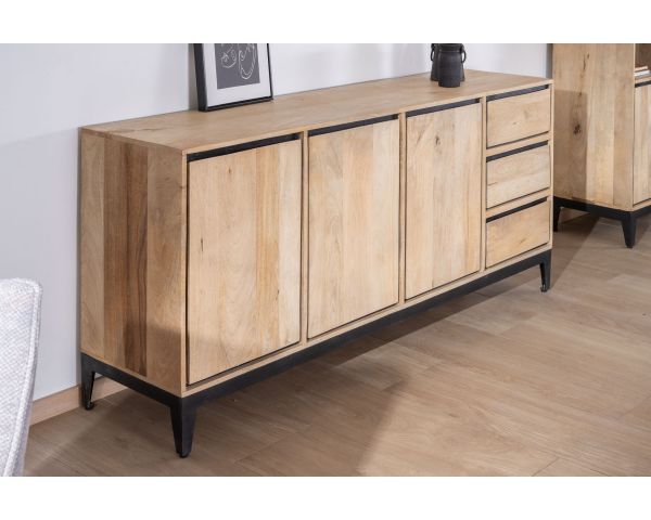 Aparador de líneas sencillas en dos tonos, de madera de mango natural y negro, de 180 cm, modelo «Bocca», con 3 puertas y cajones