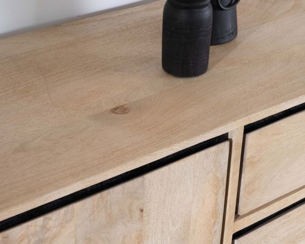 Aparador de líneas sencillas en dos tonos, de madera de mango natural y negro, de 180 cm, modelo «Bocca», con 3 puertas y cajones
