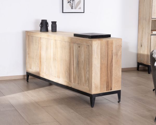 Aparador de líneas sencillas en dos tonos, de madera de mango natural y negro, de 180 cm, modelo «Bocca», con 3 puertas y cajones