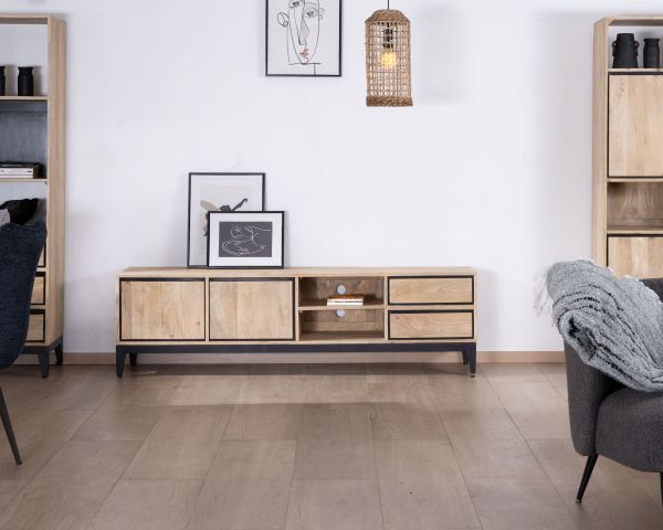 Mueble de televisión grande bicolor de madera de mango con puertas, compartimentos y cajones «Bocca», 180 cm