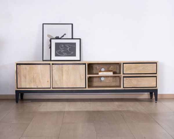 Mueble de televisión grande bicolor de madera de mango con puertas, compartimentos y cajones «Bocca», 180 cm