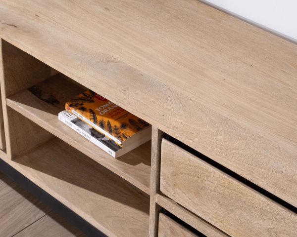 Mueble de televisión grande bicolor de madera de mango con puertas, compartimentos y cajones «Bocca», 180 cm