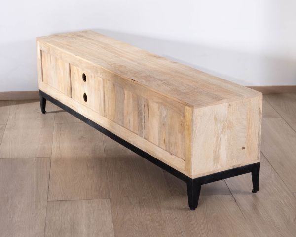 Mueble de televisión grande bicolor de madera de mango con puertas, compartimentos y cajones «Bocca», 180 cm