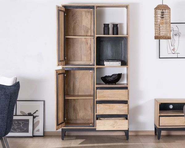 Mueble alto de almacenamiento en madera de mango natural y negro, con un diseño minimalista «Bocca»