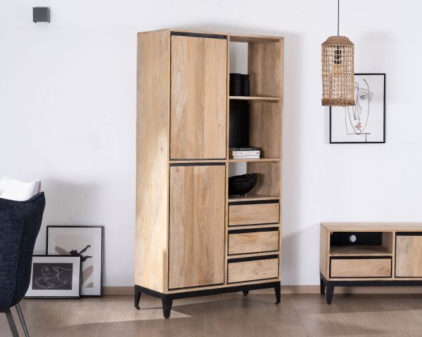 Mueble alto de almacenamiento en madera de mango natural y negro, con un diseño minimalista «Bocca»