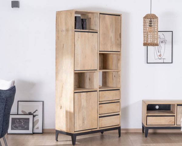Librería de diseño asimétrico en madera de mango con ribetes negros «Bocca»
