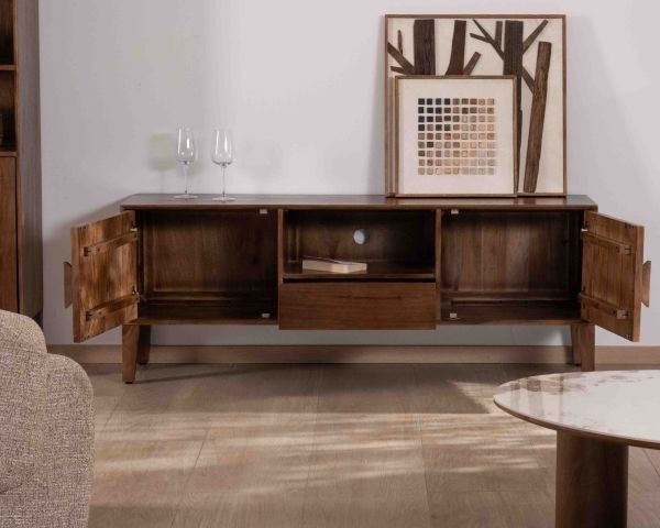 Mueble para la tele de estilo neorretro en madera maciza de mango oscuro, 150 cm, «Kaldo»