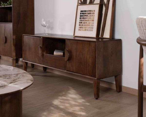 Mueble para la tele de estilo neorretro en madera maciza de mango oscuro, 150 cm, «Kaldo»