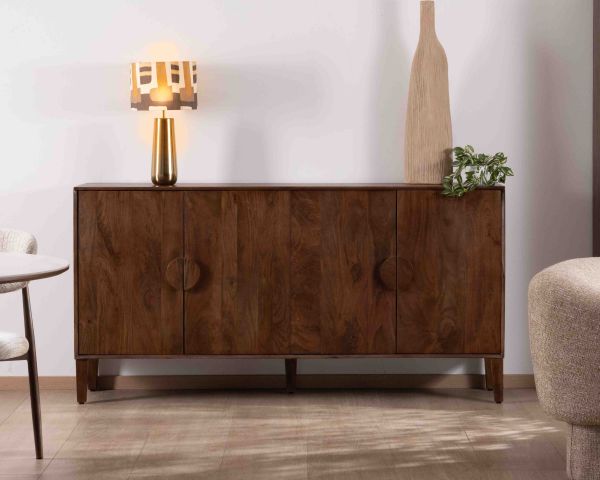 Aparador retro de 4 puertas en madera maciza de mango oscuro, 180 cm, modelo «Kaldo», estilo mid-century