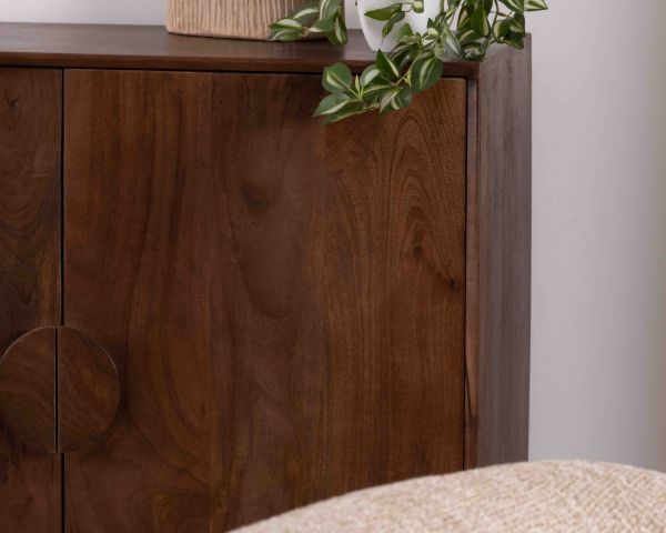 Aparador retro de 4 puertas en madera maciza de mango oscuro, 180 cm, modelo «Kaldo», estilo mid-century
