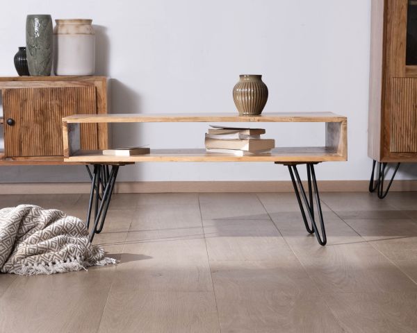 Mesa de salón de líneas sencillas con tablero de acacia y hueco central «Wendy»