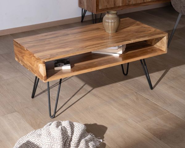 Mesa de salón de líneas sencillas con tablero de acacia y hueco central «Wendy»