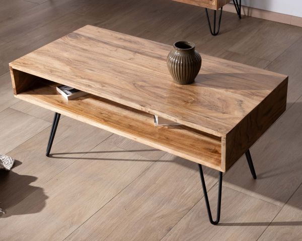 Mesa de salón de líneas sencillas con tablero de acacia y hueco central «Wendy»