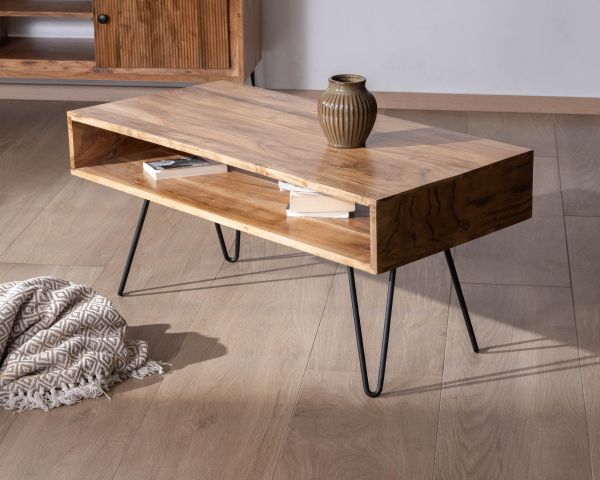 Mesa de salón de líneas sencillas con tablero de acacia y hueco central «Wendy»