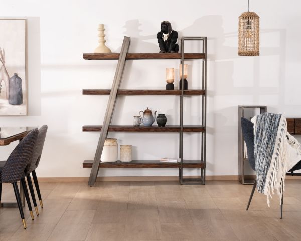 Librería de diseño minimalista en acacia y metal «Crescendo», de 4 estantes