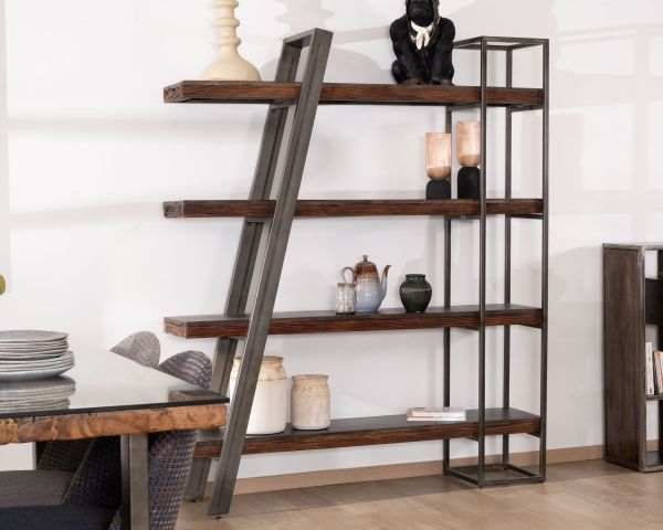 Librería de diseño minimalista en acacia y metal «Crescendo», de 4 estantes