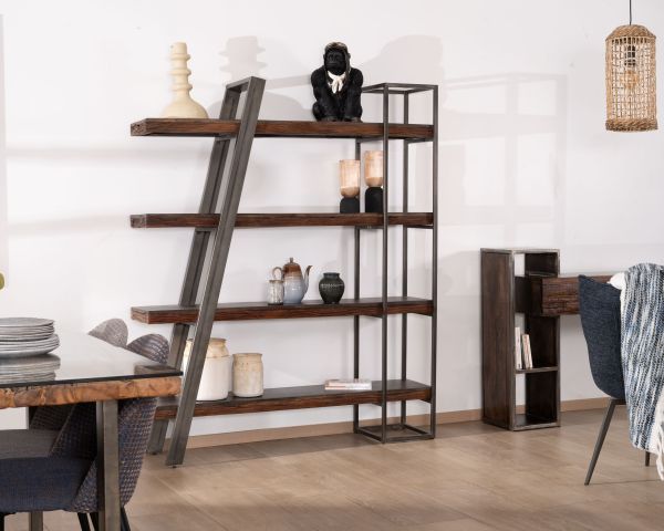 Librería de diseño minimalista en acacia y metal «Crescendo», de 4 estantes