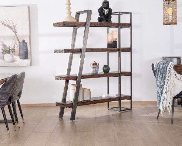 Librería de diseño minimalista en acacia y metal «Crescendo», de 4 estantes