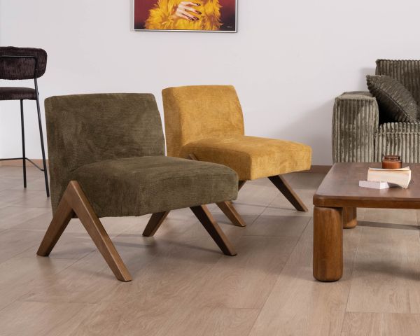 Sillón de estilo vintage con patas en forma de boomerang «Tolga», color amarillo mostaza