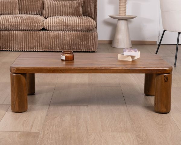 Mesa de centro de diseño minimalista con patas redondas «Padouk» de madera maciza de mango
