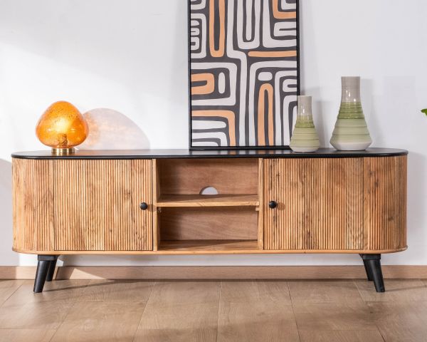 Mueble de televisión grande bicolor, en madera y negro, con diseño redondeado de estilo vintage «Boogie», 175 cm