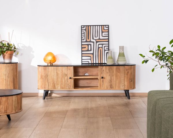 Mueble de televisión grande bicolor, en madera y negro, con diseño redondeado de estilo vintage «Boogie», 175 cm
